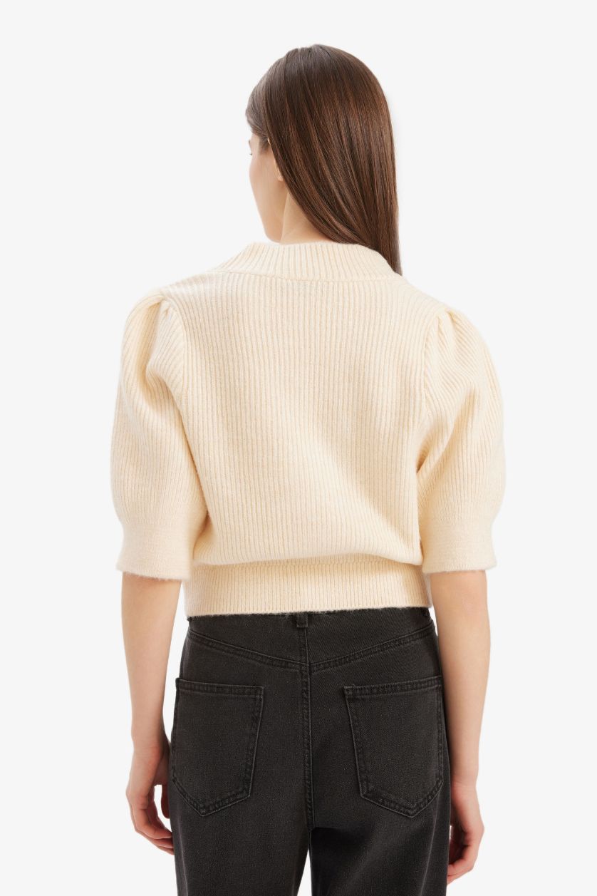 Kadın Açık Sarı Fitted V Yaka Düğmeli Kısa Kollu Triko Hırka