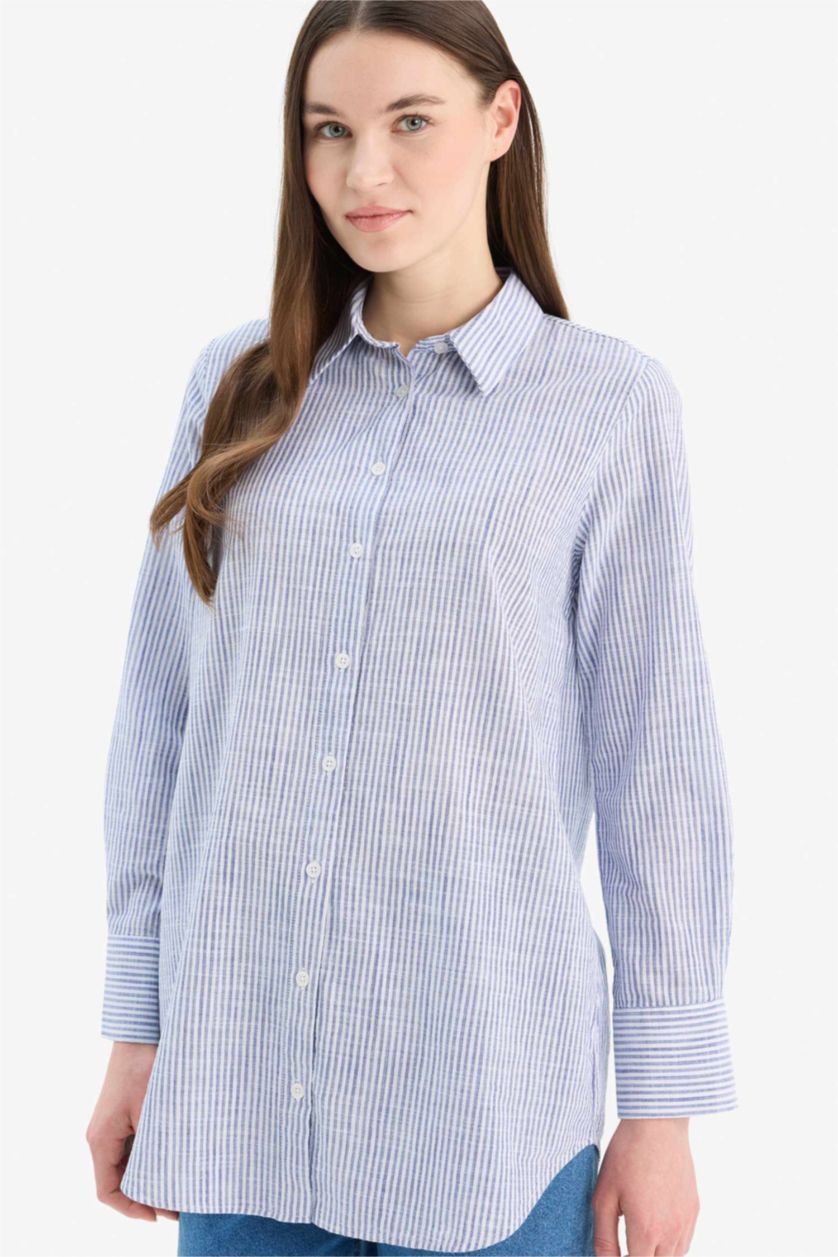 Woman Light Blue Regular Fit Shirt Collar Long Sleeve Tunic