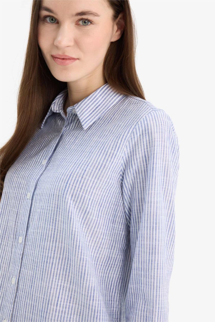 Woman Light Blue Regular Fit Shirt Collar Long Sleeve Tunic