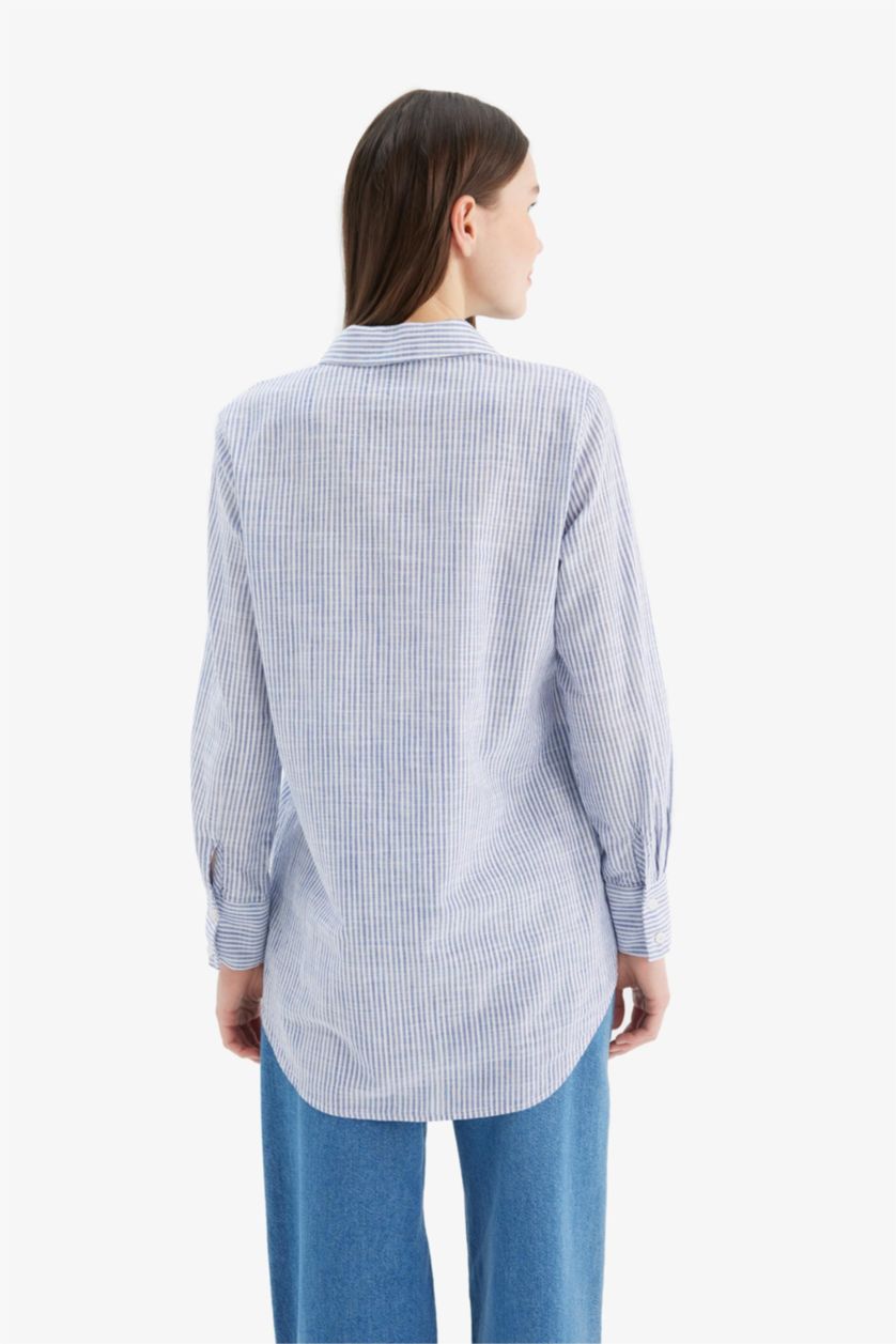Woman Light Blue Regular Fit Shirt Collar Long Sleeve Tunic