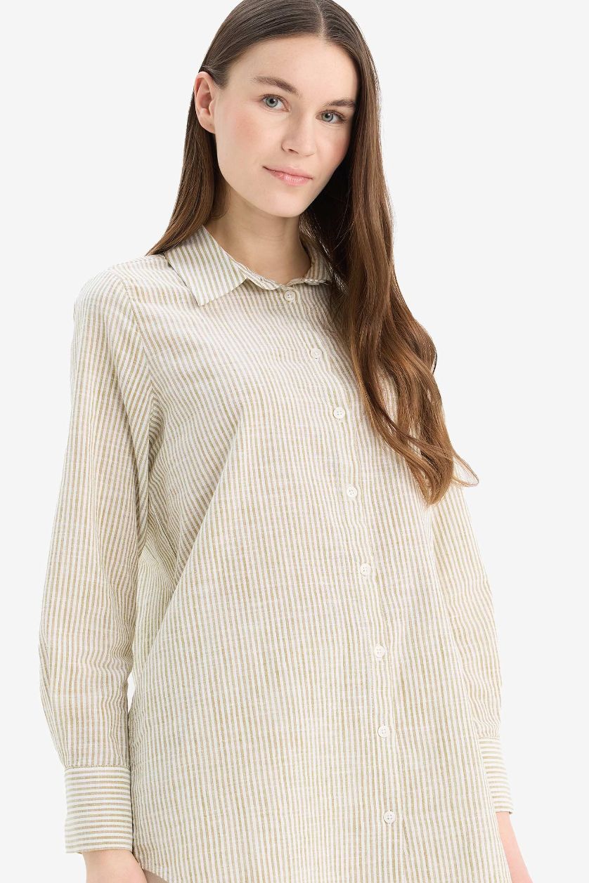 Kadın Haki Regular Fit Çizgili Flamlı Pamuk Uzun Kollu Gömlek Tunik