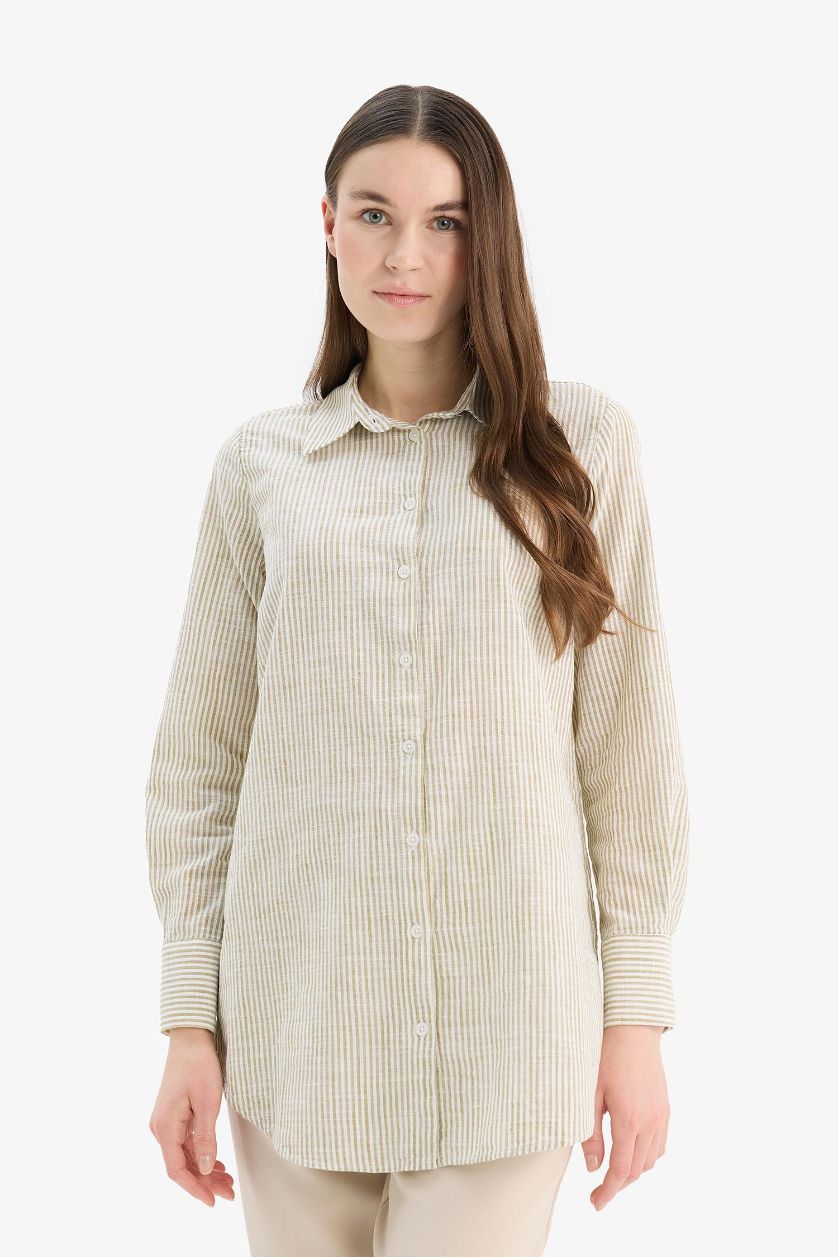 Kadın Haki Regular Fit Çizgili Flamlı Pamuk Uzun Kollu Gömlek Tunik