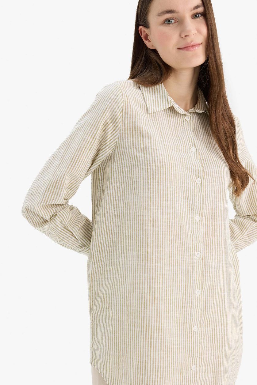 Kadın Haki Regular Fit Çizgili Flamlı Pamuk Uzun Kollu Gömlek Tunik