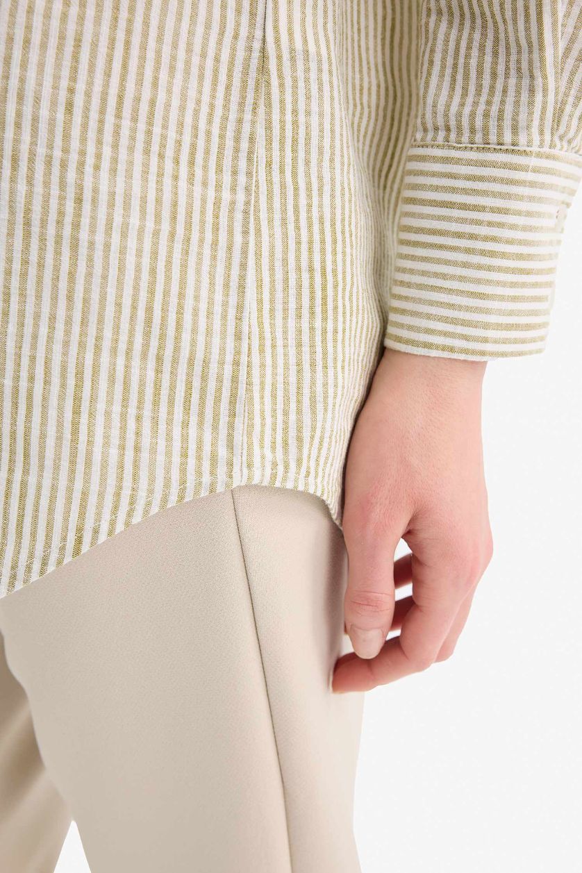 Kadın Haki Regular Fit Çizgili Flamlı Pamuk Uzun Kollu Gömlek Tunik