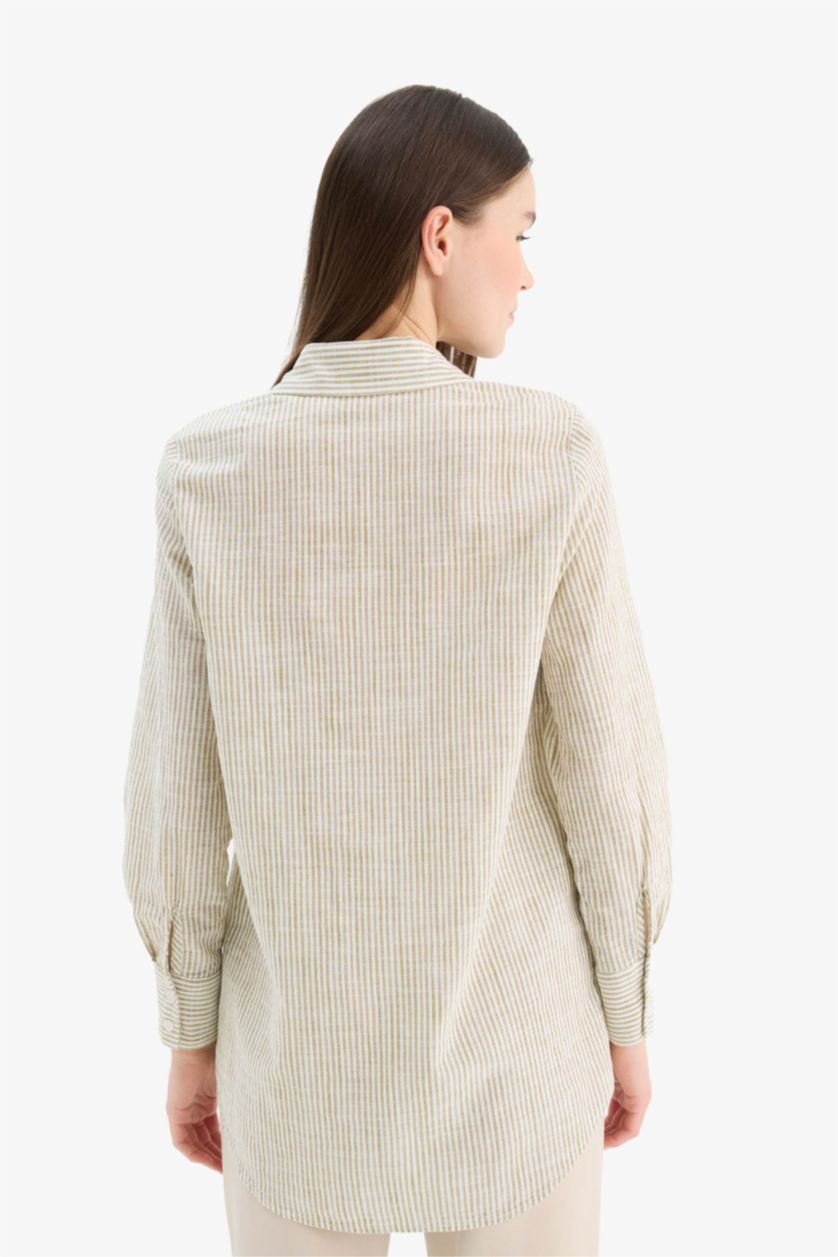 Kadın Haki Regular Fit Çizgili Flamlı Pamuk Uzun Kollu Gömlek Tunik