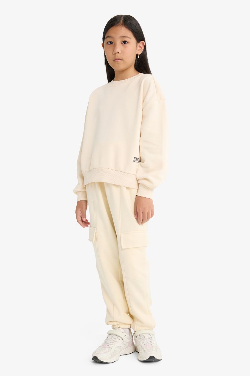 بناتي بيج فاتح بنطلون سويت بانتس بناتي كارجو بخصر مطاطي