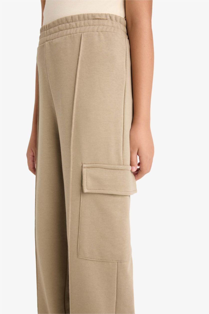 Girls & Teens Beige Girl Elastic Waist Wide Leg Cargo Sweatpants