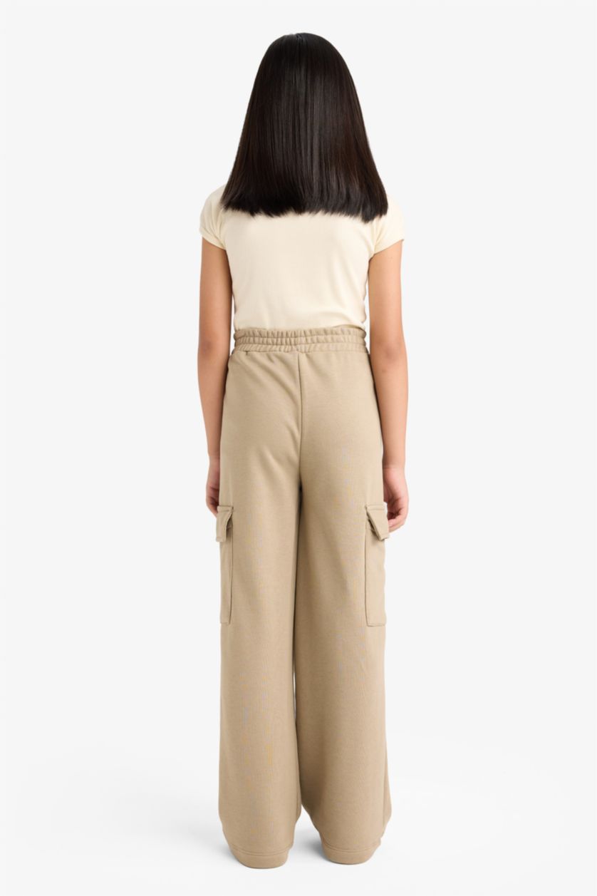 Girls & Teens Beige Girl Elastic Waist Wide Leg Cargo Sweatpants