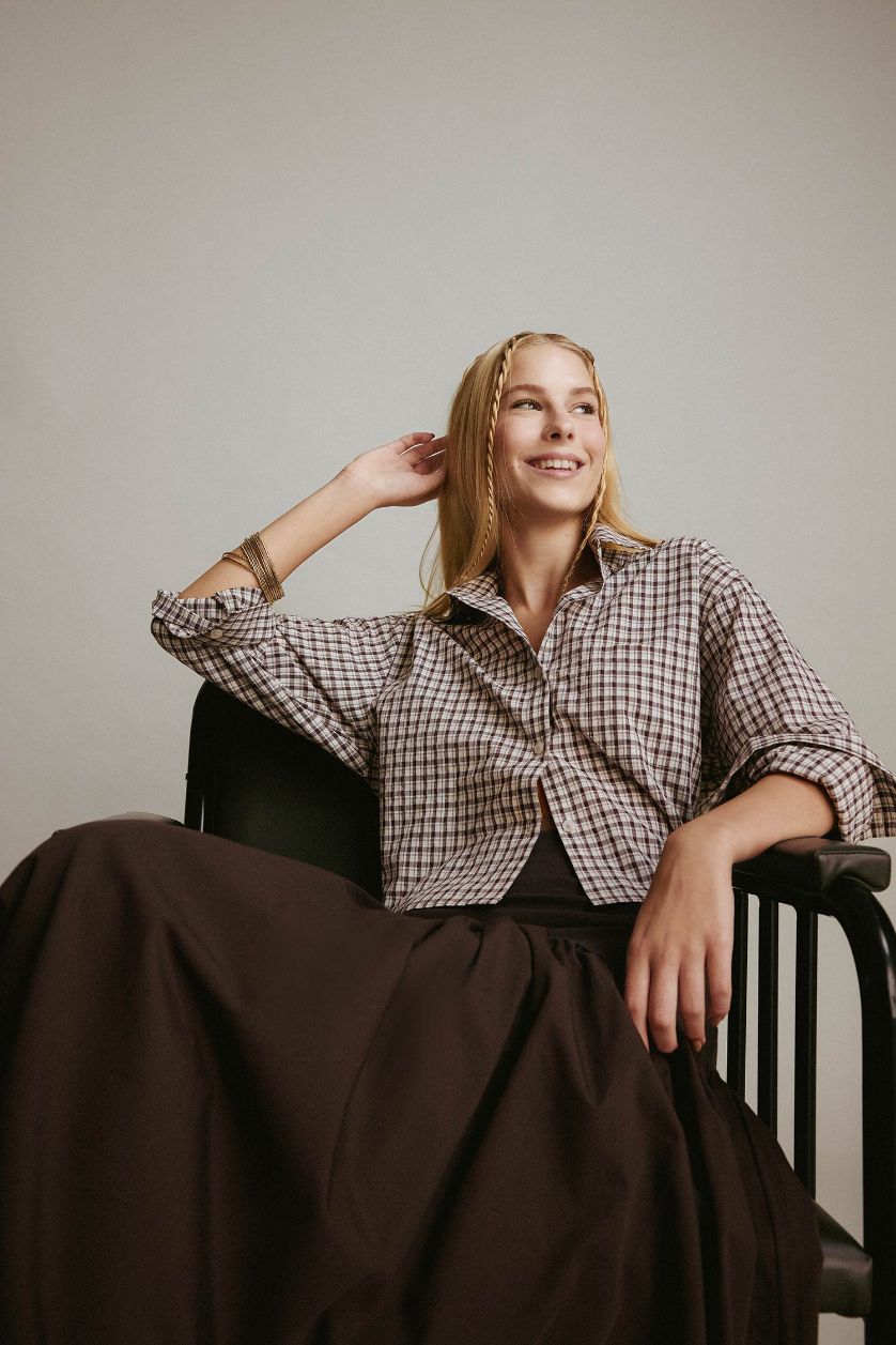 Kadın Kahve Oversize Geniş Kalıp Crop Kareli Uzun Kollu Gömlek