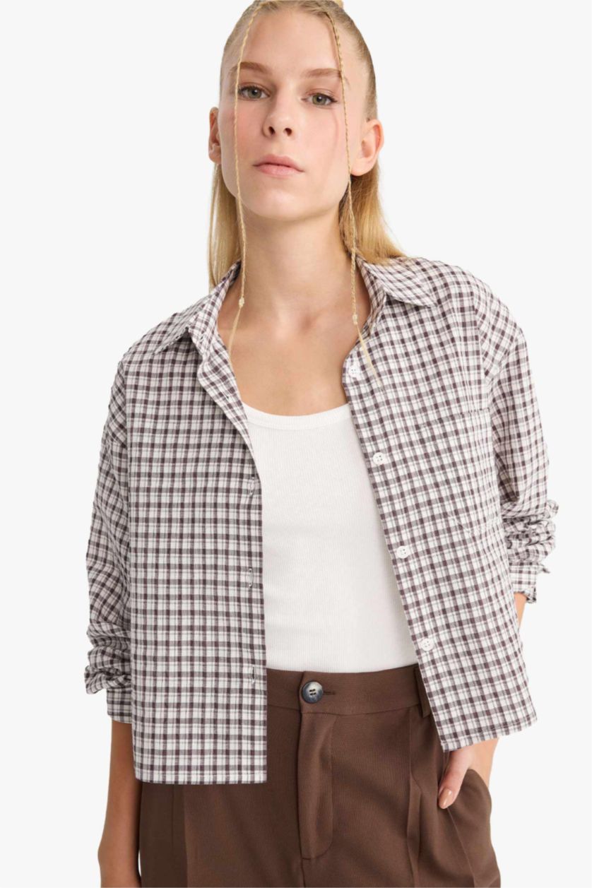 Kadın Kahve Oversize Geniş Kalıp Crop Kareli Uzun Kollu Gömlek