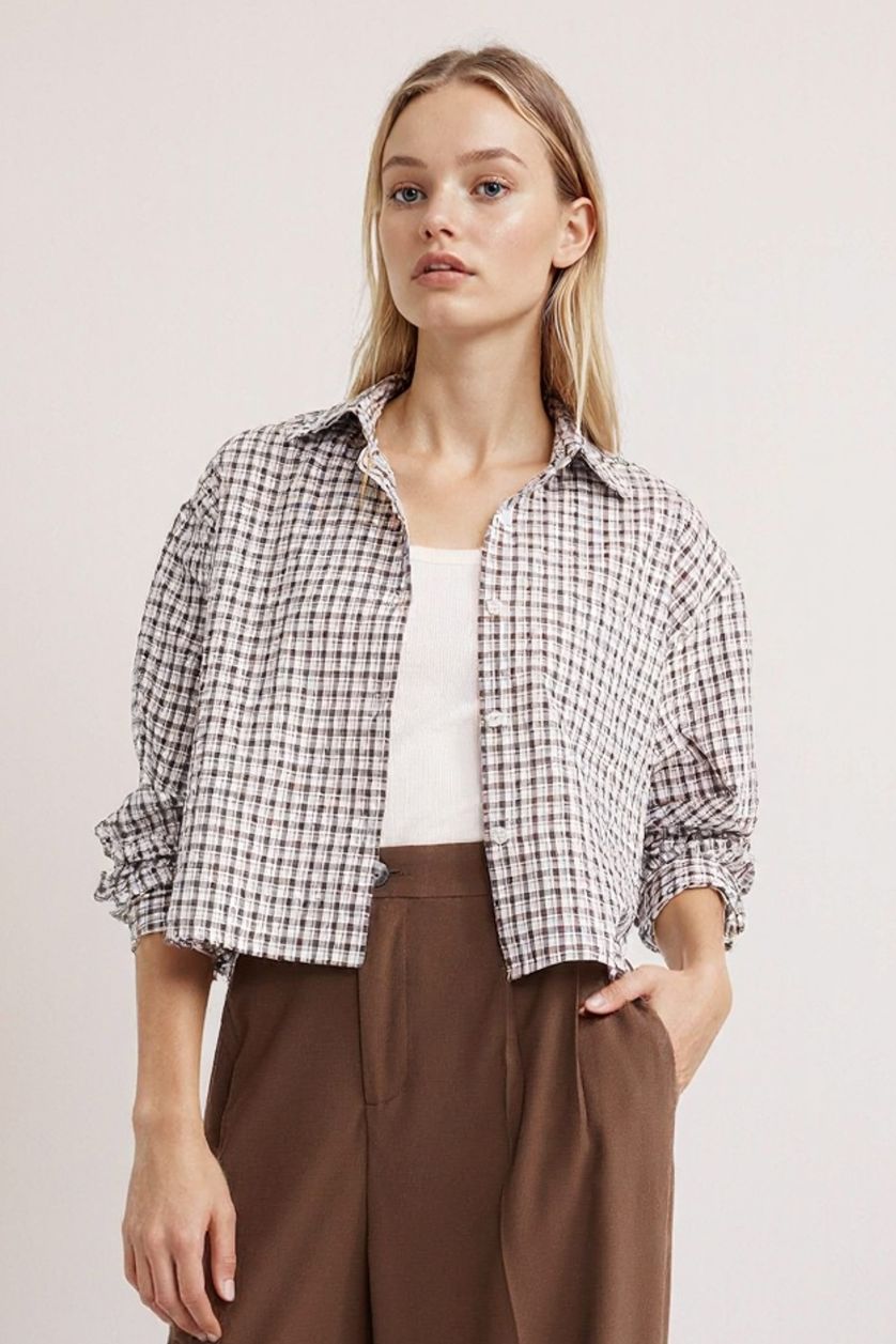 Kadın Kahve Oversize Geniş Kalıp Crop Kareli Uzun Kollu Gömlek