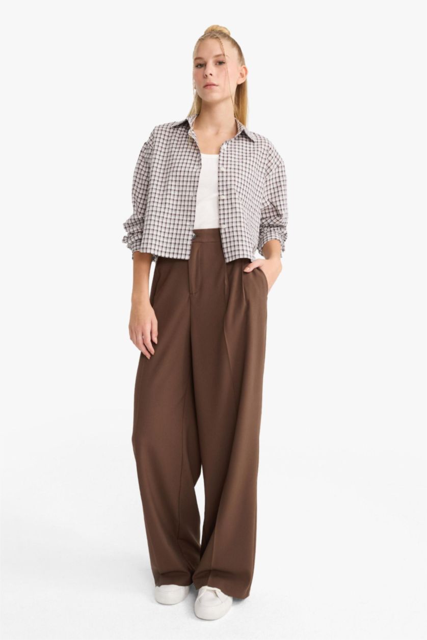 Kadın Kahve Oversize Geniş Kalıp Crop Kareli Uzun Kollu Gömlek