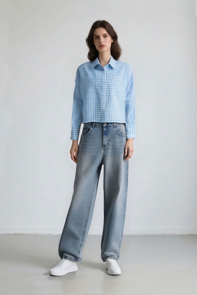 Женщины Голубрй Рубашка с длинными рукавами в клетку, оверсайз