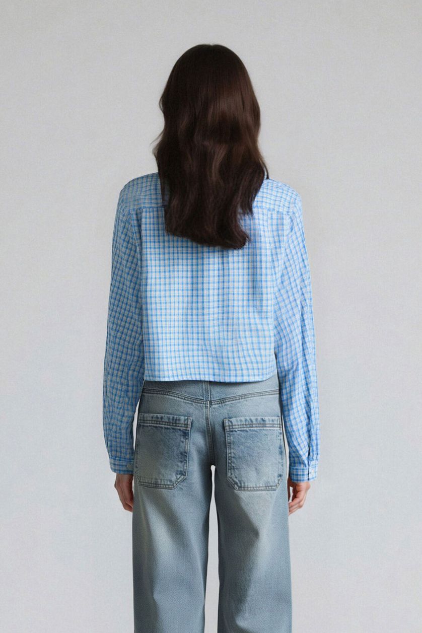 Женщины Голубрй Рубашка с длинными рукавами в клетку, оверсайз