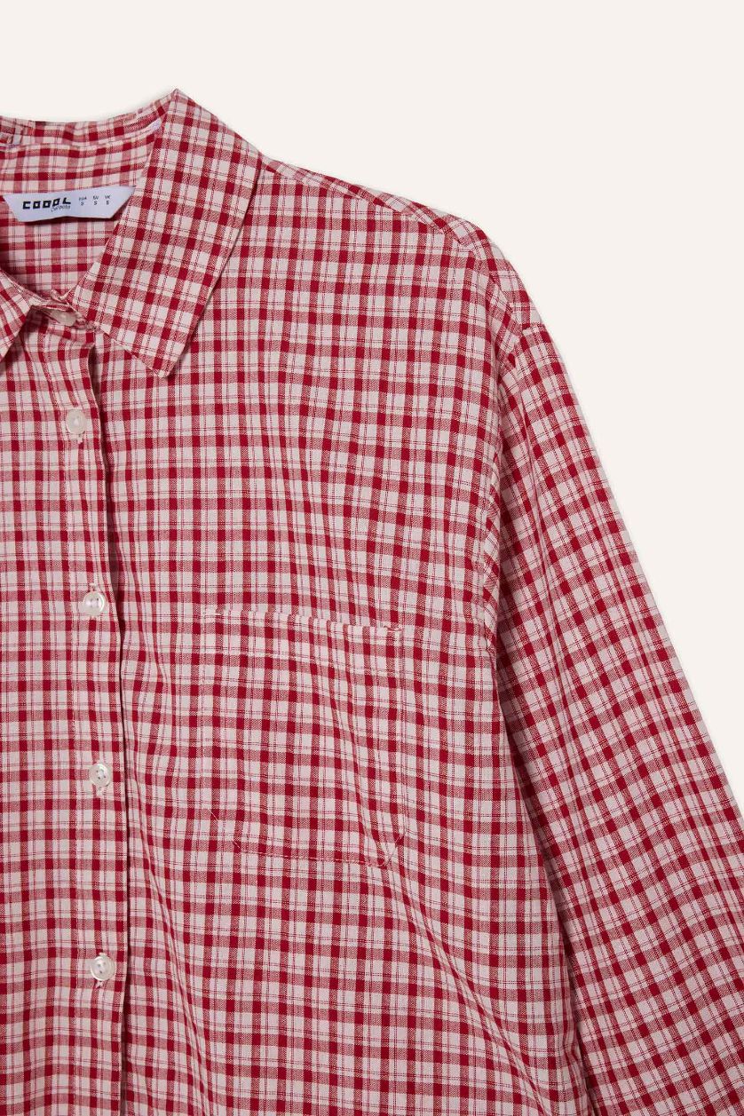 Kadın Kırmızı Oversize Geniş Kalıp Pötikareli Uzun Kollu Gömlek