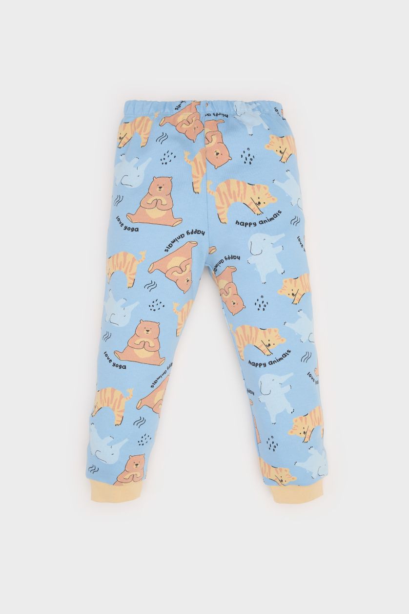 Erkek Bebek Mavi Erkek Bebek Pijama Takımı Hayvan Desenli Uzun Kollu Üst Beli Lastikli Uzun Alt