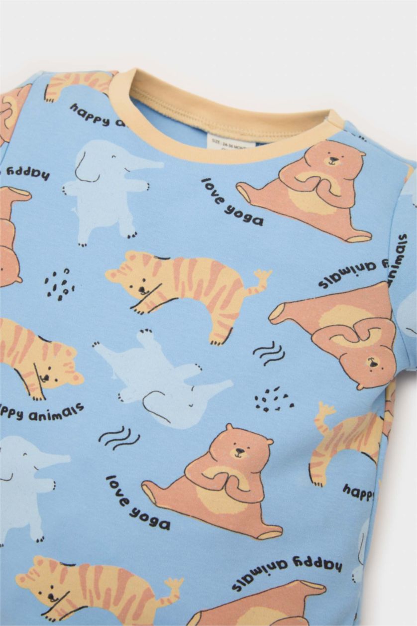 Erkek Bebek Mavi Erkek Bebek Pijama Takımı Hayvan Desenli Uzun Kollu Üst Beli Lastikli Uzun Alt