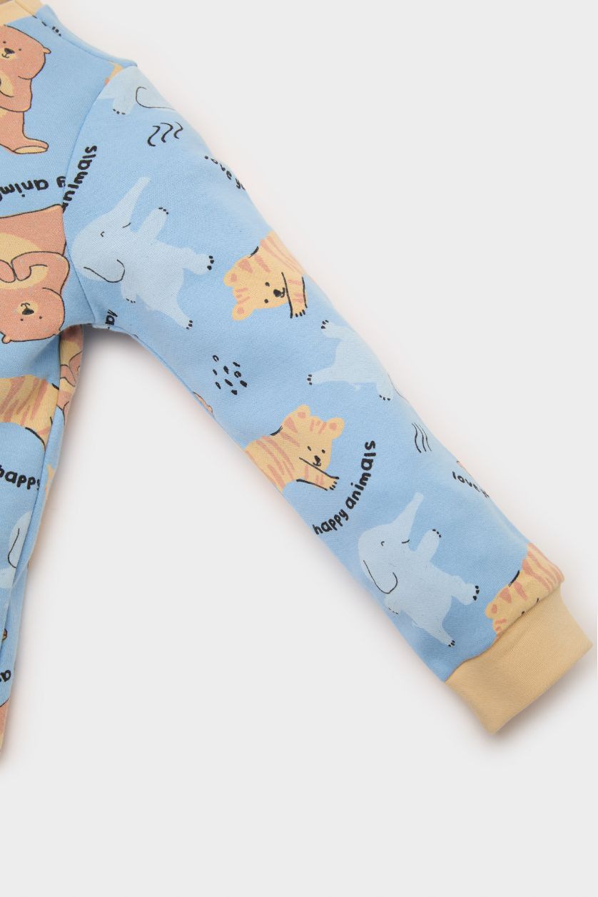 Erkek Bebek Mavi Erkek Bebek Pijama Takımı Hayvan Desenli Uzun Kollu Üst Beli Lastikli Uzun Alt