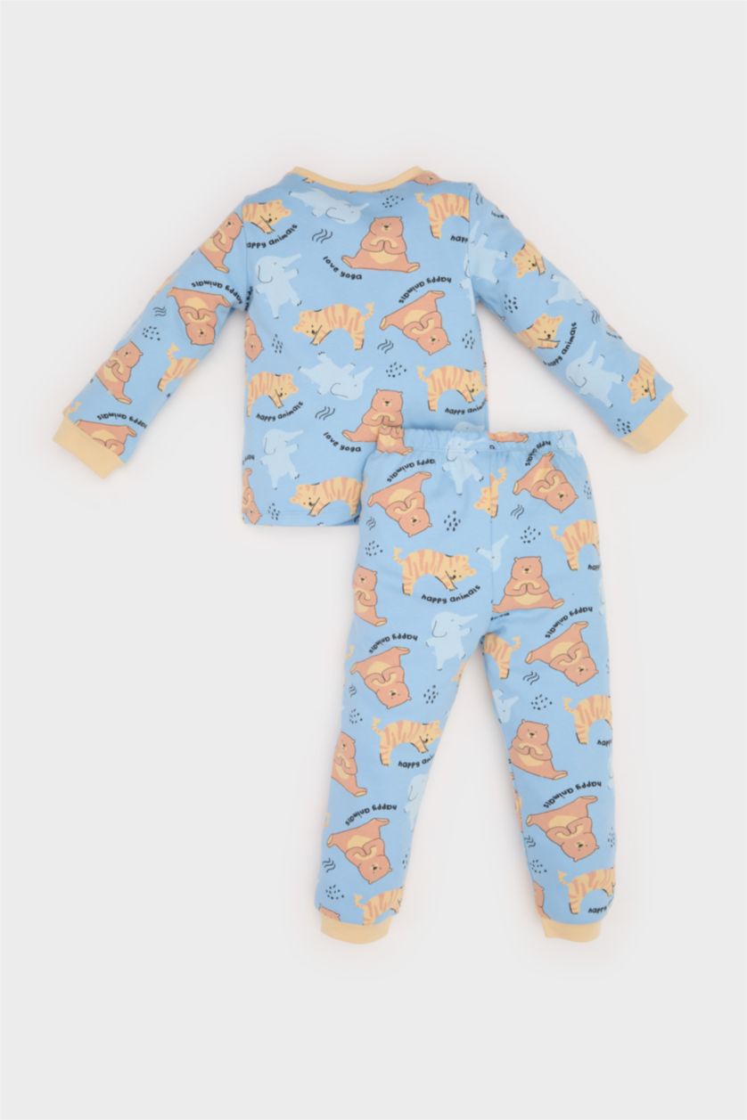 Erkek Bebek Mavi Erkek Bebek Pijama Takımı Hayvan Desenli Uzun Kollu Üst Beli Lastikli Uzun Alt