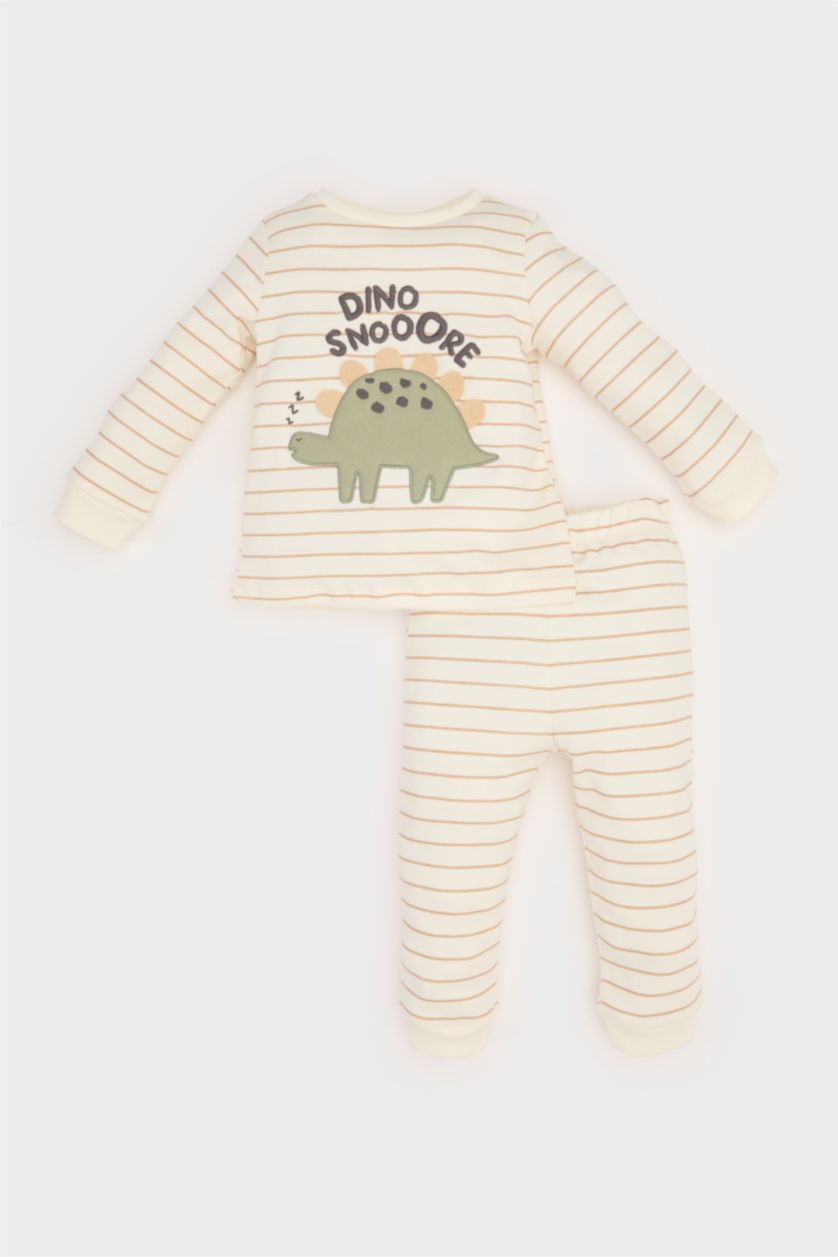 Erkek Bebek Ekru Pijama Takımı Dinozor Baskılı Uzun Kollu Üst Beli Lastikli Uzun Alt Erkek Bebek