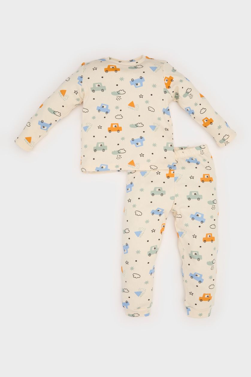 BABY BOY Ecru Baby Boy Vehicle Printed Ribbed Camisole 2 Piece Pajama Set