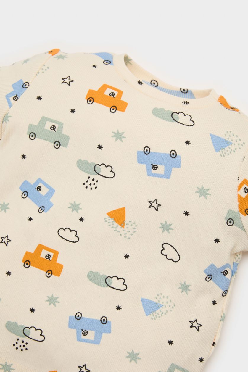 BABY BOY Ecru Baby Boy Vehicle Printed Ribbed Camisole 2 Piece Pajama Set