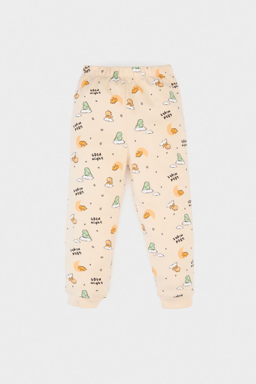 Erkek Bebek Kum %100 Pamuklu Dinozor Desenli Beli Lastikli Pijama Takımı Erkek Bebek