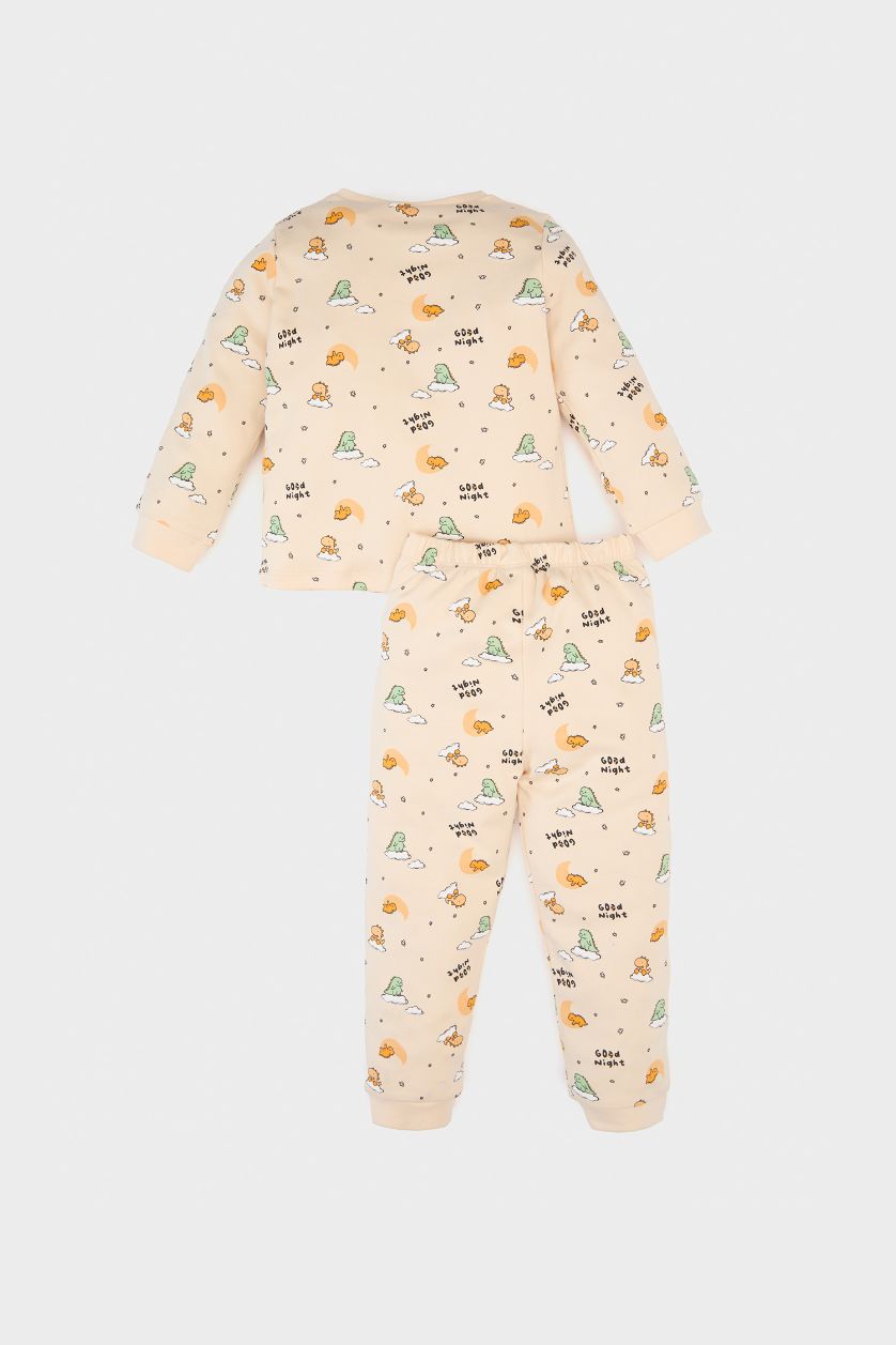 Erkek Bebek Kum %100 Pamuklu Dinozor Desenli Beli Lastikli Pijama Takımı Erkek Bebek