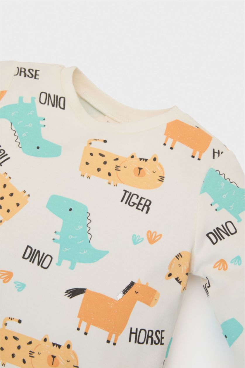 Erkek Bebek Ekru Erkek Bebek Pijama Takımı Desenli Uzun Kollu Üst Beli Lastikli Uzun Alt