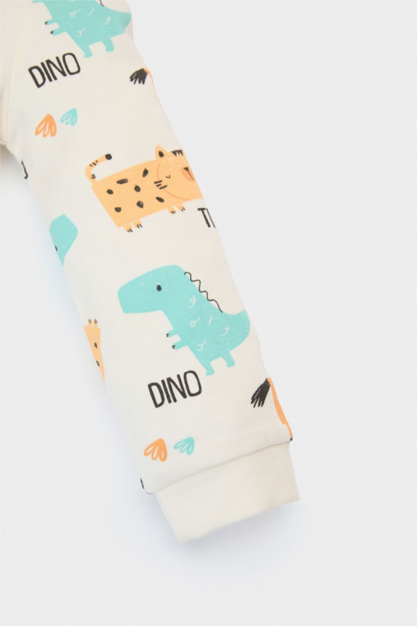 Erkek Bebek Ekru Erkek Bebek Pijama Takımı Desenli Uzun Kollu Üst Beli Lastikli Uzun Alt