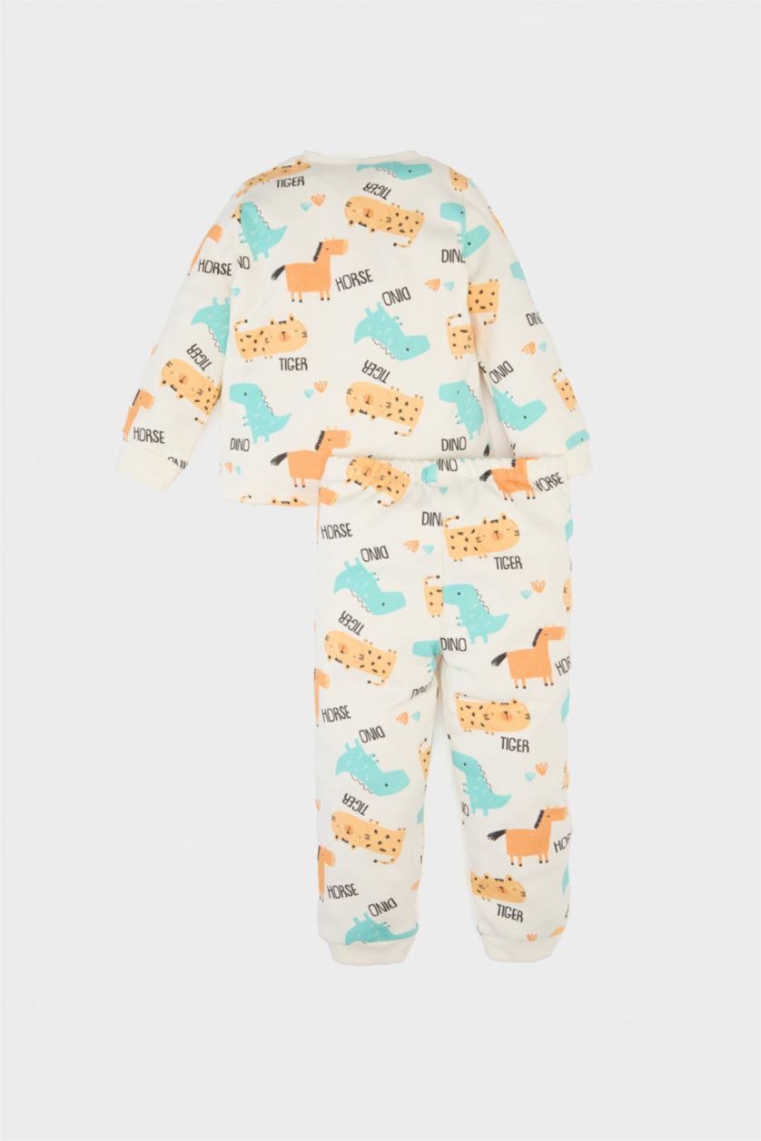 Erkek Bebek Ekru Erkek Bebek Pijama Takımı Desenli Uzun Kollu Üst Beli Lastikli Uzun Alt