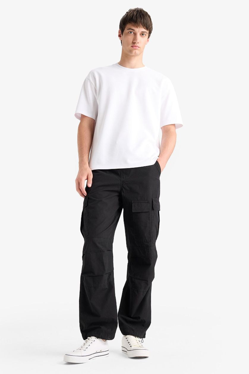 Erkek Siyah %100 Pamuk Bol Rahat Kesim Wide Leg Kargo Cepli Geniş Paça Yazlık Pantolon