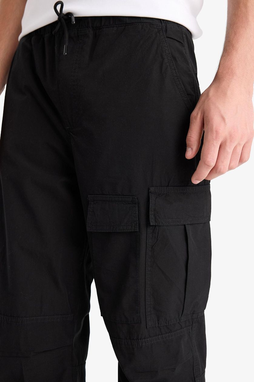 Erkek Siyah %100 Pamuk Bol Rahat Kesim Wide Leg Kargo Cepli Geniş Paça Yazlık Pantolon