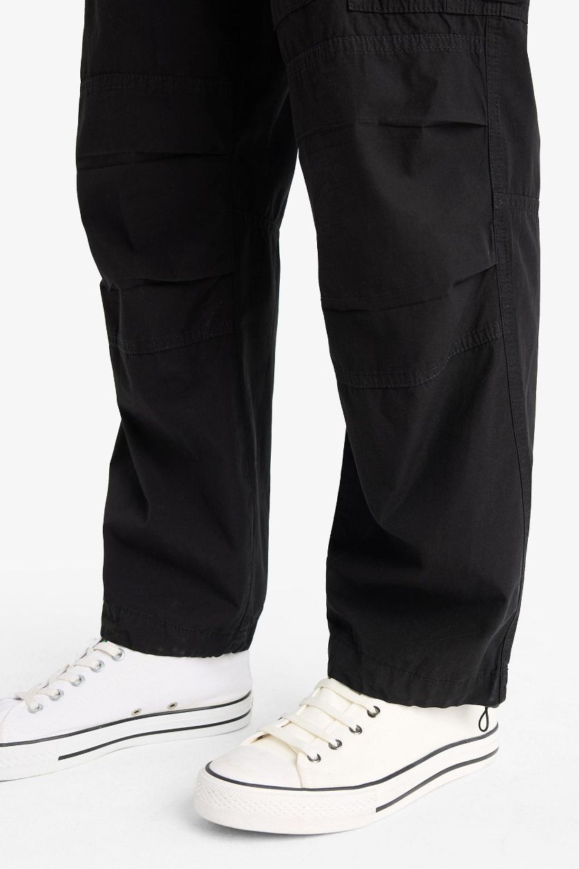 Erkek Siyah %100 Pamuk Bol Rahat Kesim Wide Leg Kargo Cepli Geniş Paça Yazlık Pantolon