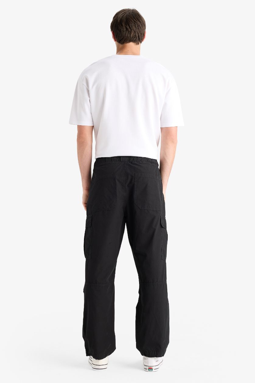 Erkek Siyah %100 Pamuk Bol Rahat Kesim Wide Leg Kargo Cepli Geniş Paça Yazlık Pantolon