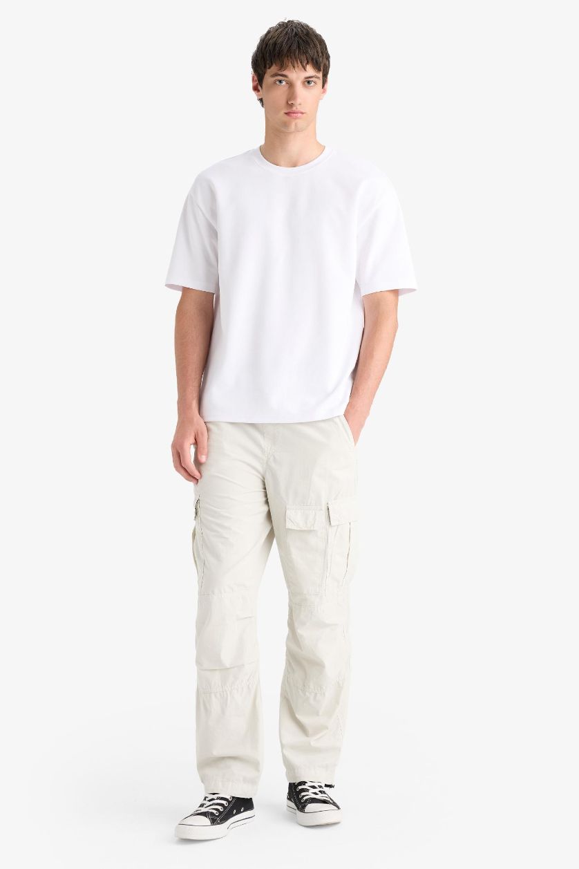 رجال رمادي فاتح بنطرون قطن وايد ليج مريح بجيب كارجو