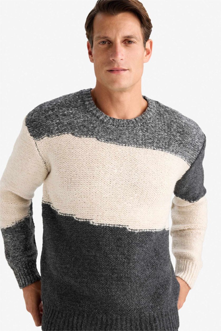 Erkek Gri Melanj Standart Fıt Bisiklet Yaka Triko Kazak