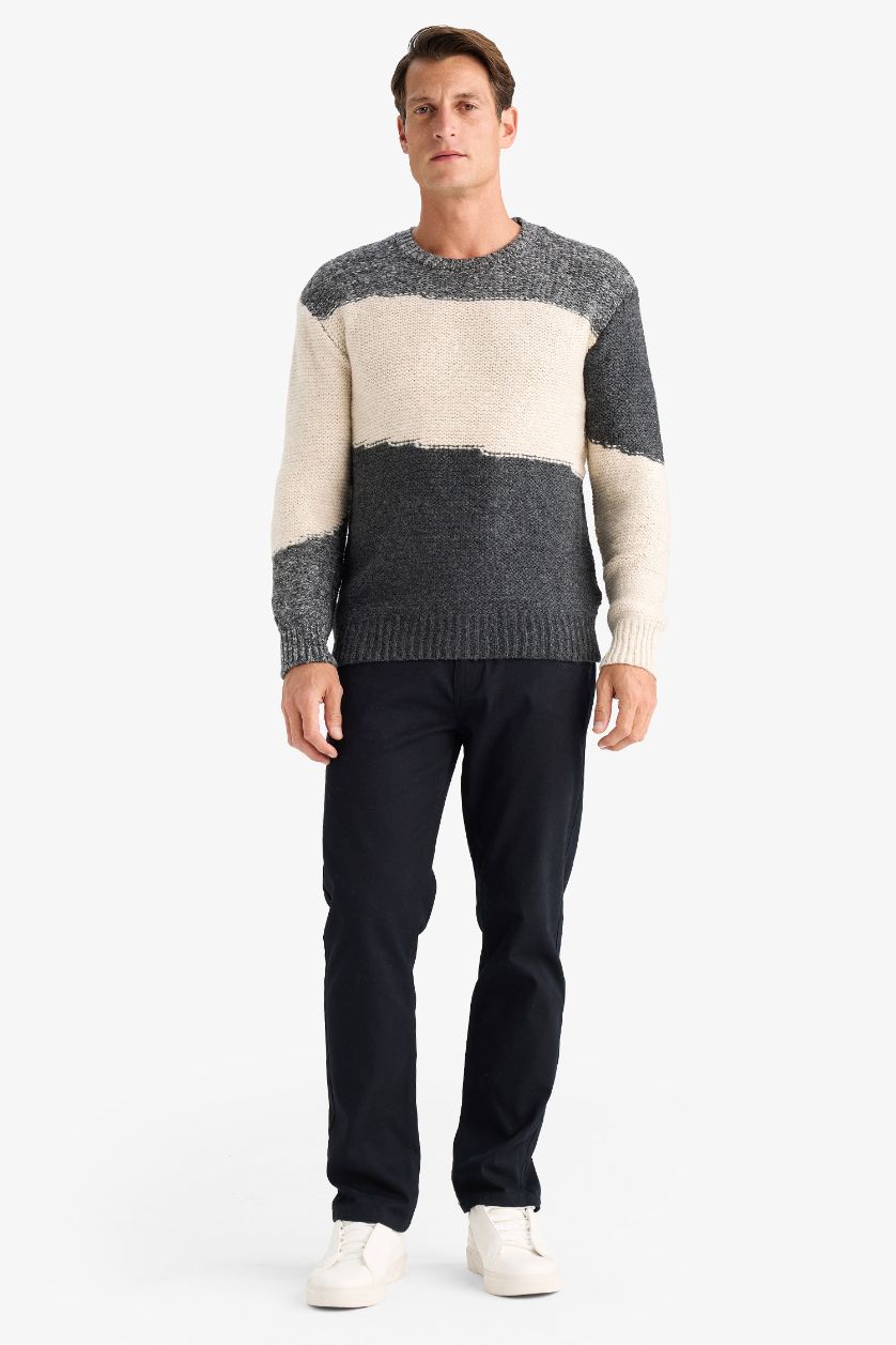 Erkek Gri Melanj Standart Fıt Bisiklet Yaka Triko Kazak