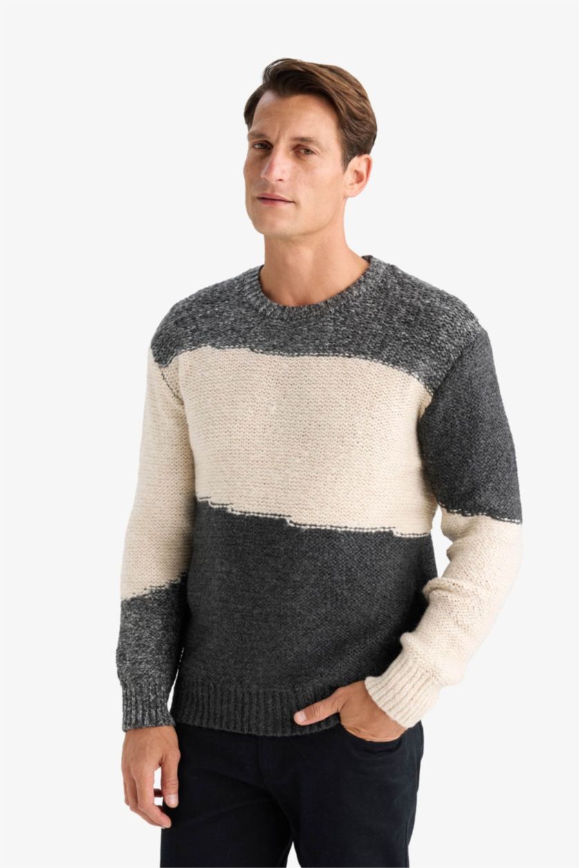 Erkek Gri Melanj Standart Fıt Bisiklet Yaka Triko Kazak