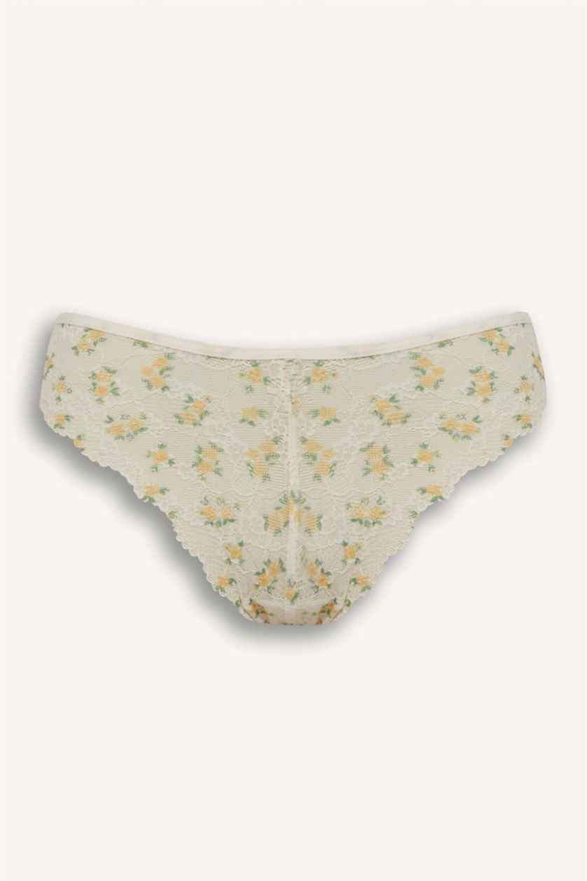 Kadın Ekru Dantelli Çiçekli Brazilian Külot