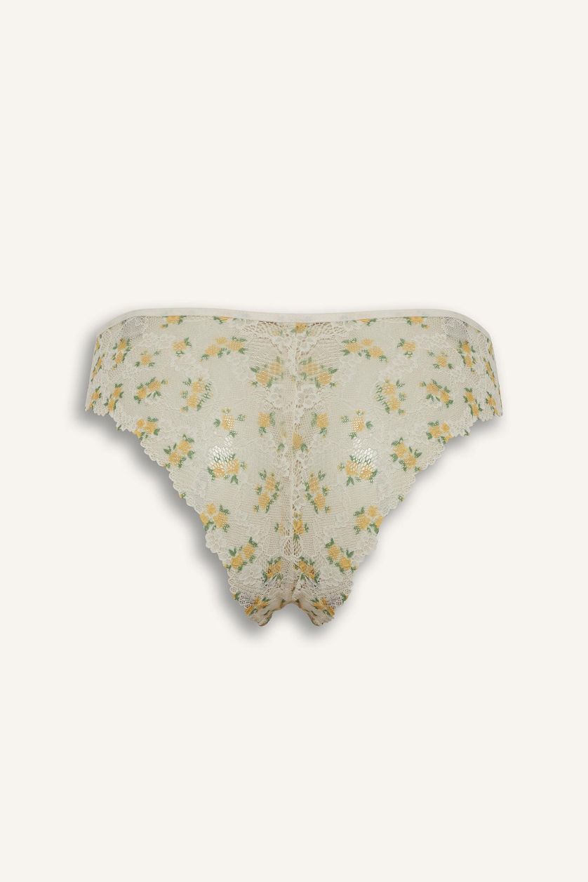 Kadın Ekru Dantelli Çiçekli Brazilian Külot