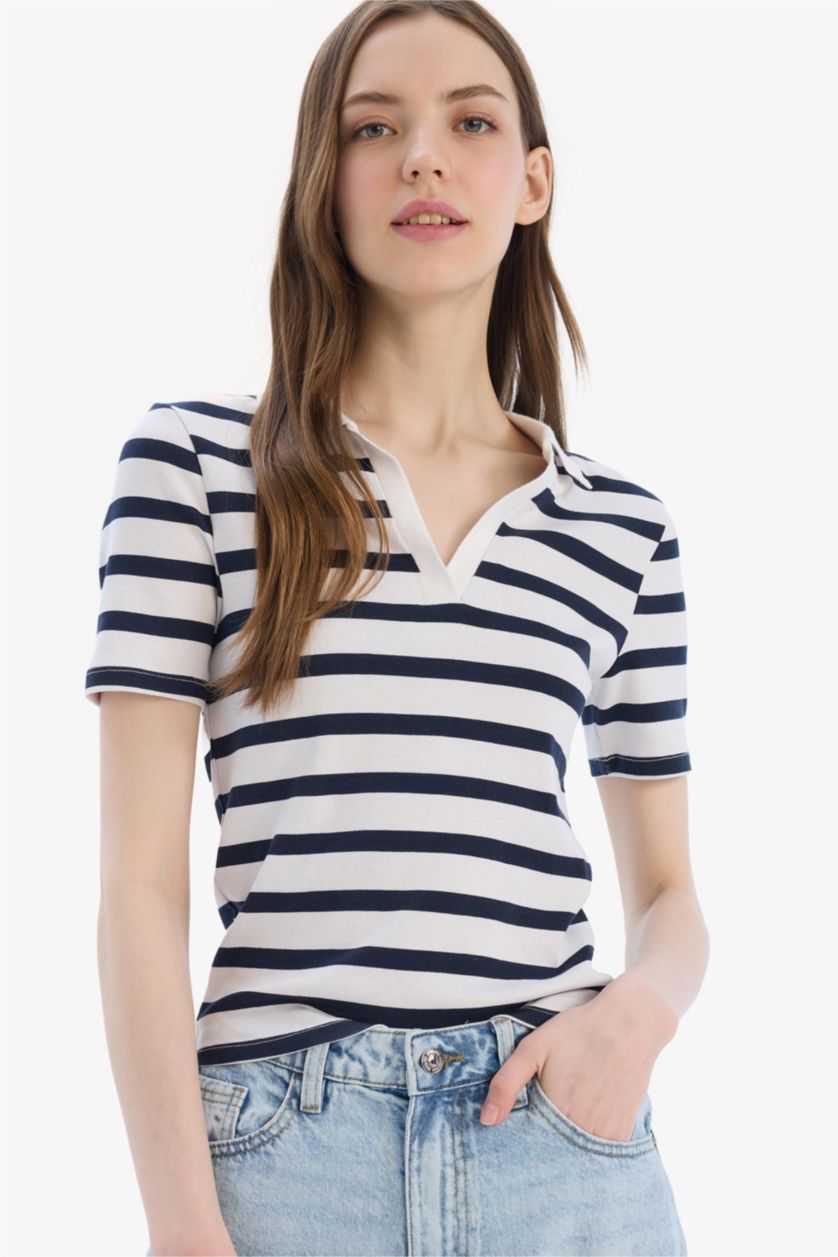 Женщины Бежевый Футболка в полоску с воротником поло и коротким рукавом