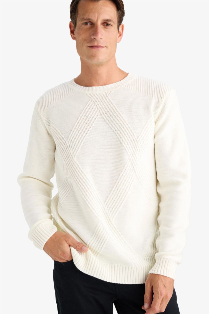 Man Ecru Standard Fit Crew Neck Knitwear Pullover