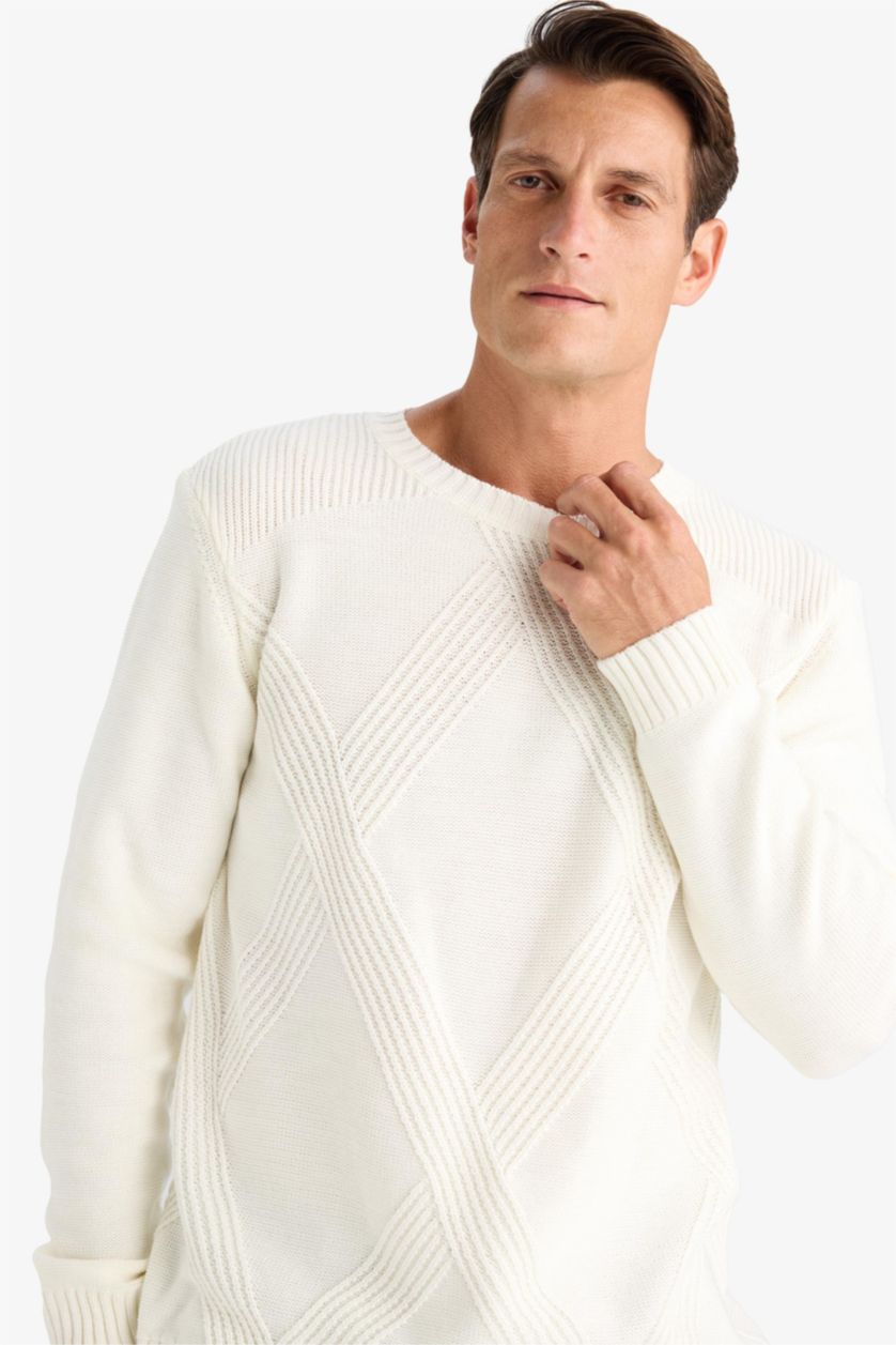Man Ecru Standard Fit Crew Neck Knitwear Pullover