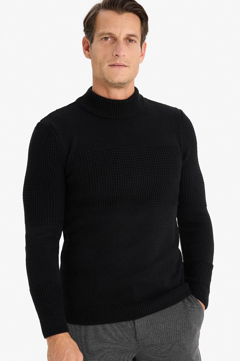 رجالي أسود بلوفر تريكو بيزك قصة عادية هاف كول
