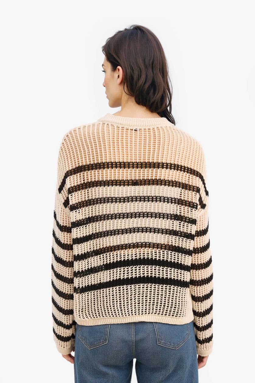Kadın Ekru Regular Fit Bisiklet Yaka Çizgili Triko Kazak