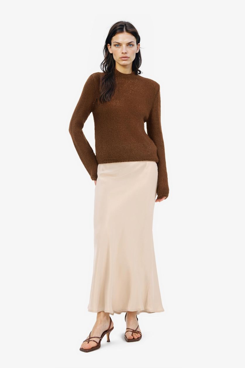 Kadın Kahve Regular Fit Kayık Yaka Basic Düz Triko Kazak