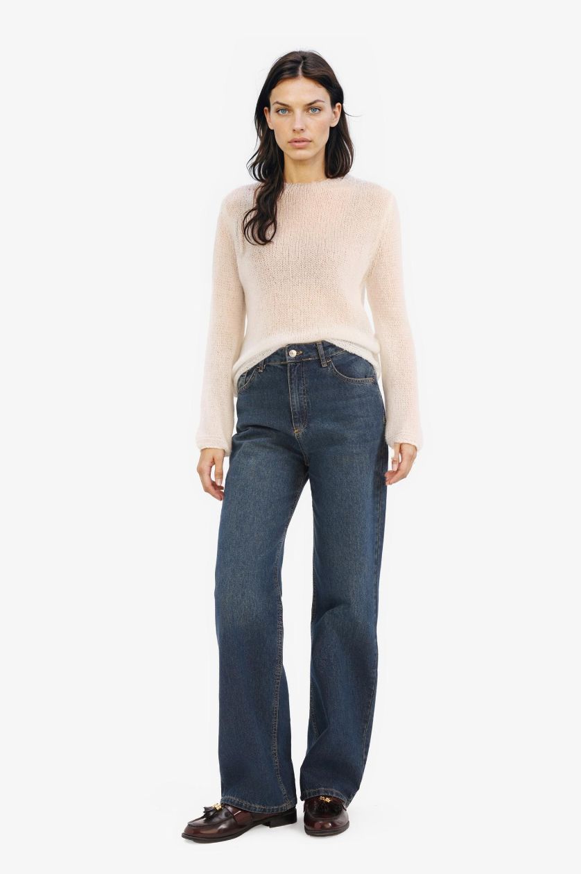 Kadın Ekru Regular Fit Kayık Yaka Basic Düz Triko Kazak