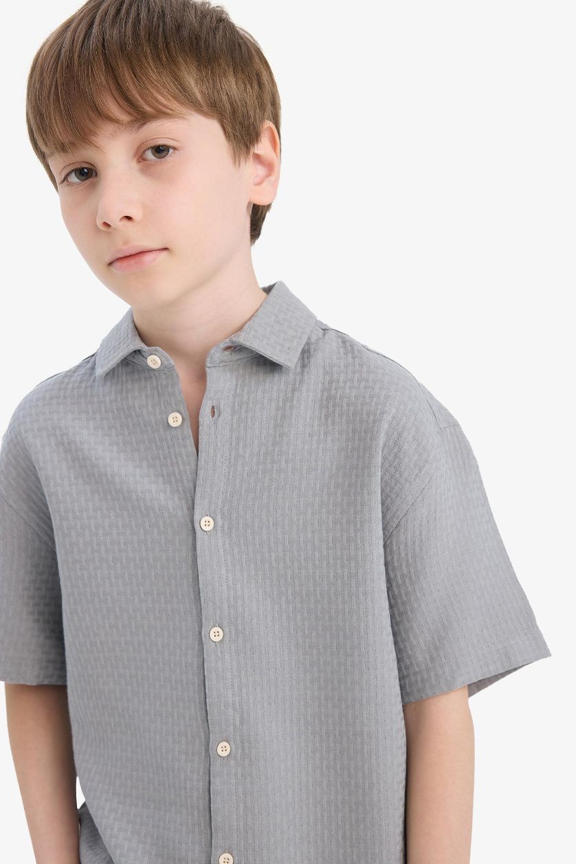 Erkek Çocuk - Genç Erkek Gri Polo Yaka Dokulu Kısa Kollu Gömlek Erkek Çocuk
