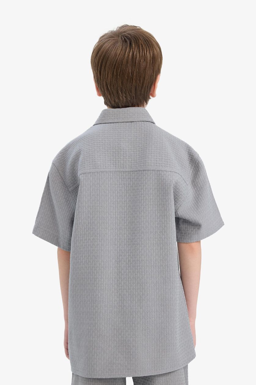 Erkek Çocuk - Genç Erkek Gri Polo Yaka Dokulu Kısa Kollu Gömlek Erkek Çocuk